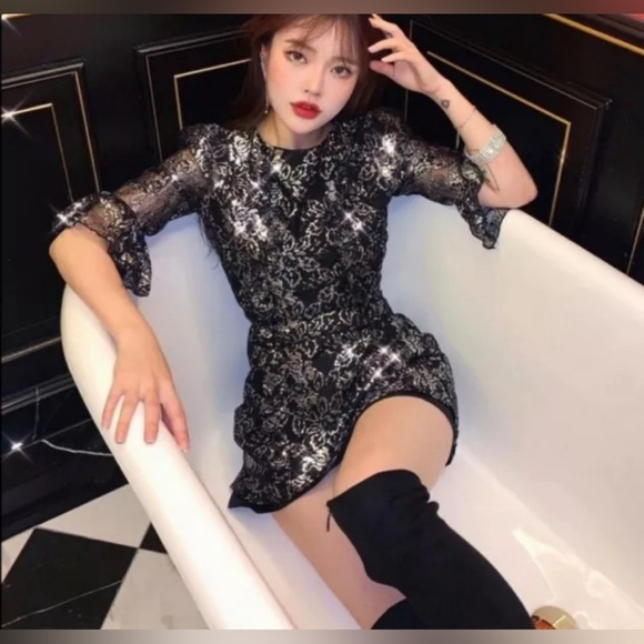 ❤️THE VAMPIRE'S WIFE X H&M MYSTIQUE LACE RUFFLE MINI DRESS BLACK SILVER SIZE S - Picture 7 of 12